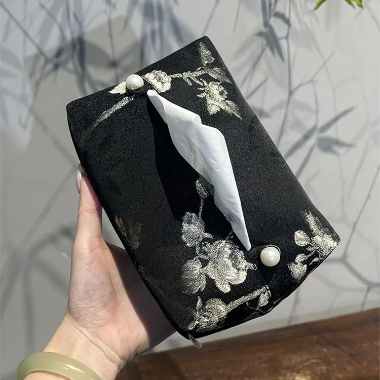 织锦缎手工刺绣中式客厅布艺家用纸巾盒桌面轻奢餐巾纸盒复古风
