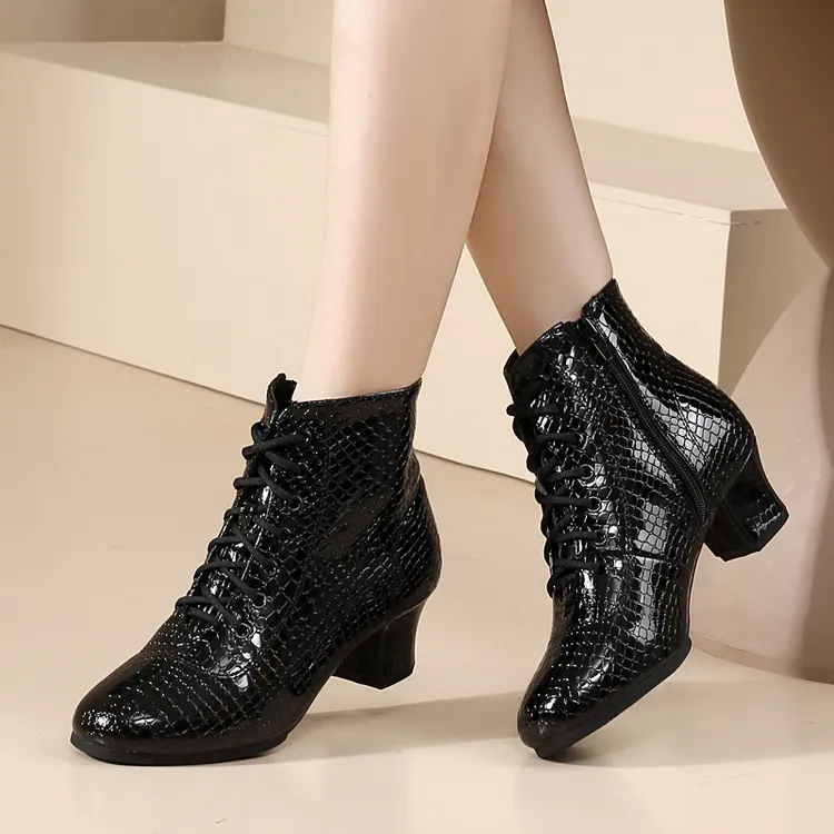 特丝丽她鳄鱼纹秋冬广场舞蹈鞋中跟现代舞拉丁舞鞋牛皮妈妈鞋短靴