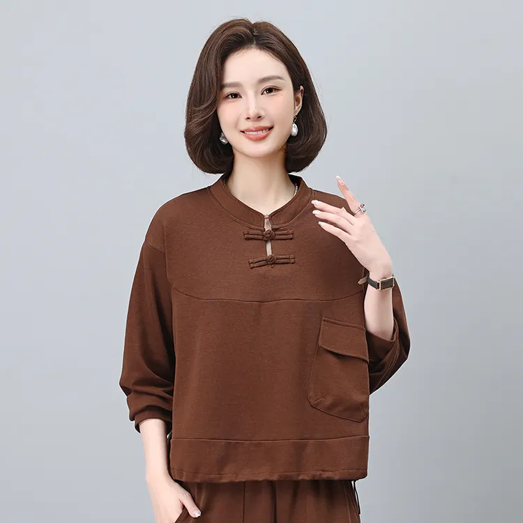 轻中式国风圆领长袖卫衣女2025年秋季新款时尚中年妈妈休闲上衣女