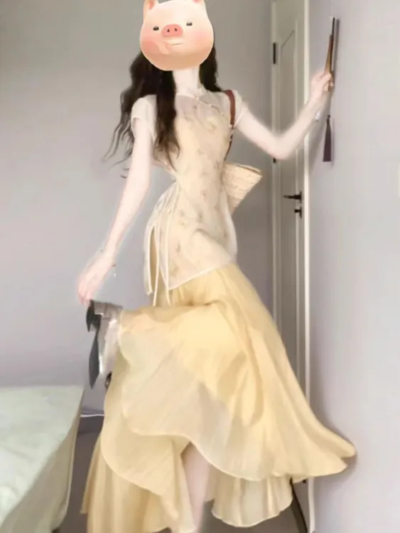 512~复古国风新中式连衣裙短袖罩衫改良旗袍上衣吊带长裙夏新款