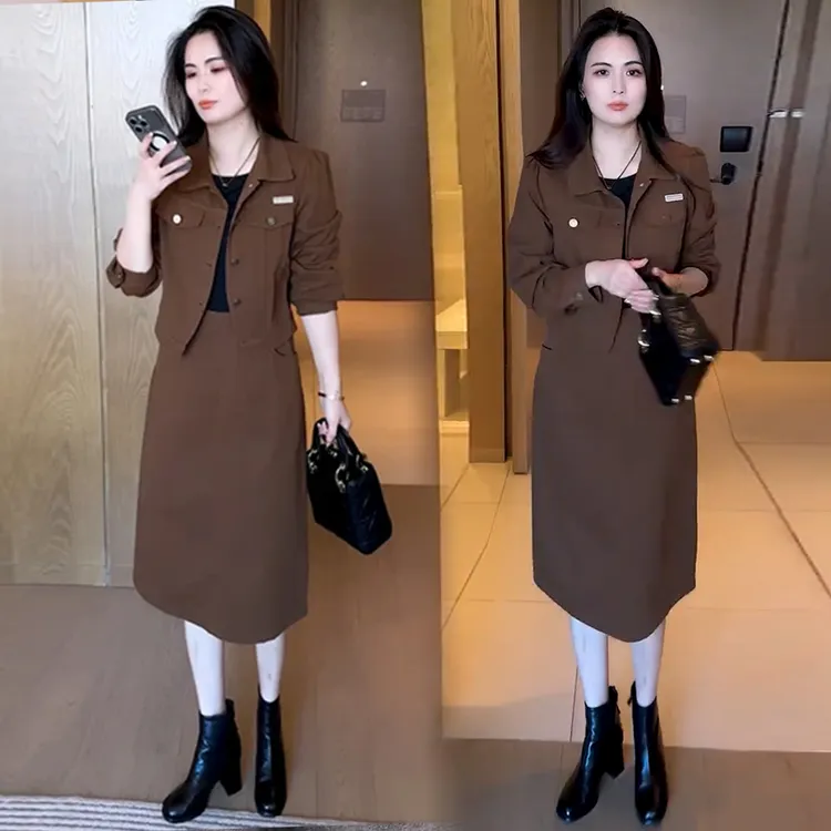 时尚牛仔套装裙女2025秋季新款洋气显瘦长袖拼接外套半身裙两件套