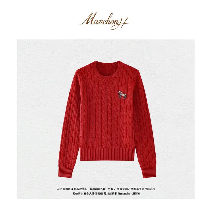 manchenh"岁岁鸿运"原纱100羊绒2股26支7针扭花刺绣马仔红毛衣