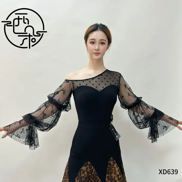 西朵舞服蕾丝波点显瘦优雅质感摩登舞斜肩新品练功服上衣XD639