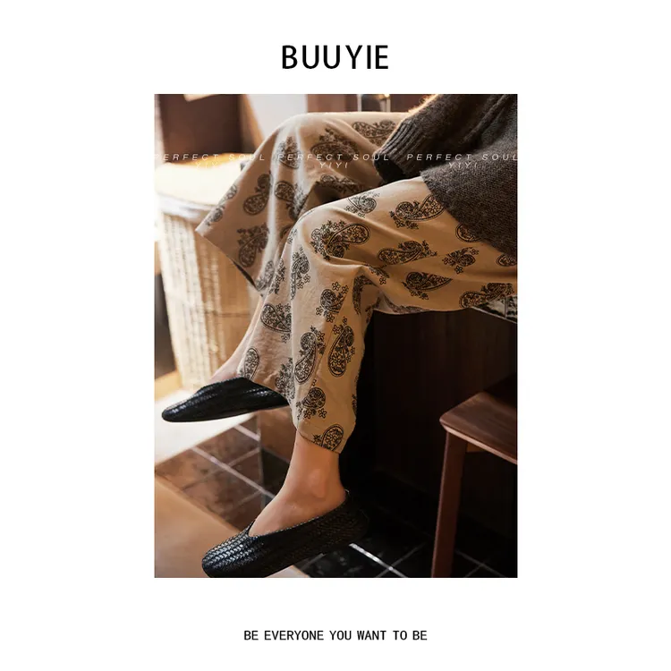 BUUYIE 25SS【悦栖】小众设计宽松卡其腰果花休闲裤 250880