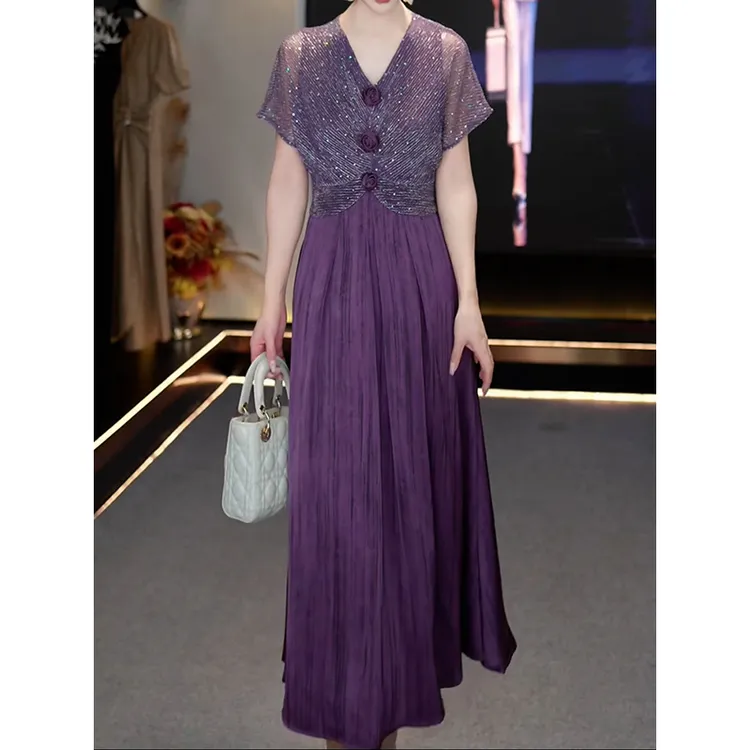 轻奢小香风拼接设计A字裙女2025夏季新款御姐范洋气V领显瘦连衣裙