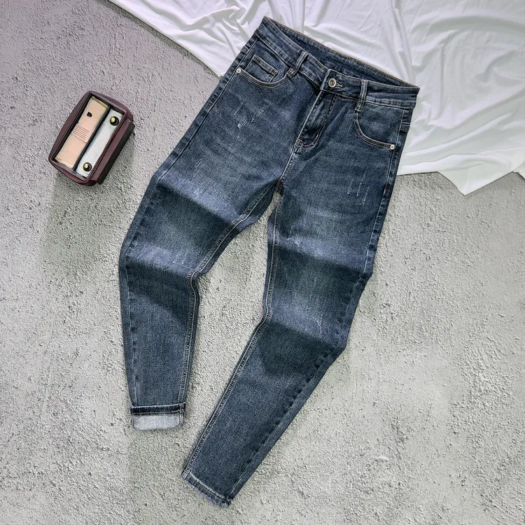 深蓝色牛仔裤男2025春秋季新款韩版修身小脚个性刮烂弹力休闲长裤
