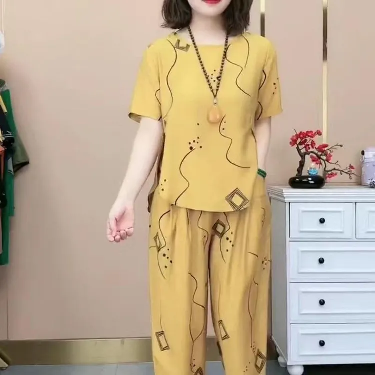 B11妈妈装短袖洋气套装中老年女装宽松休闲大码运动两件套