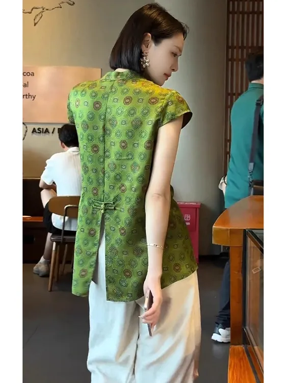 【现货】2025新款国风女装夏上衣年轻版新中式上衣绿色盘扣短袖衬衫