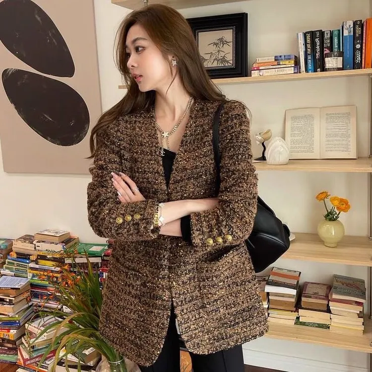 大码名媛V领小香风女毛呢休闲呢中长款大衣时尚秋冬百搭风衣外套