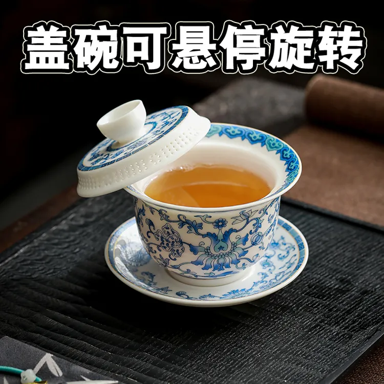 悬停盖碗羊脂玉瓷功夫茶具家用办公泡茶碗高颜值国风中式白瓷复古商品图