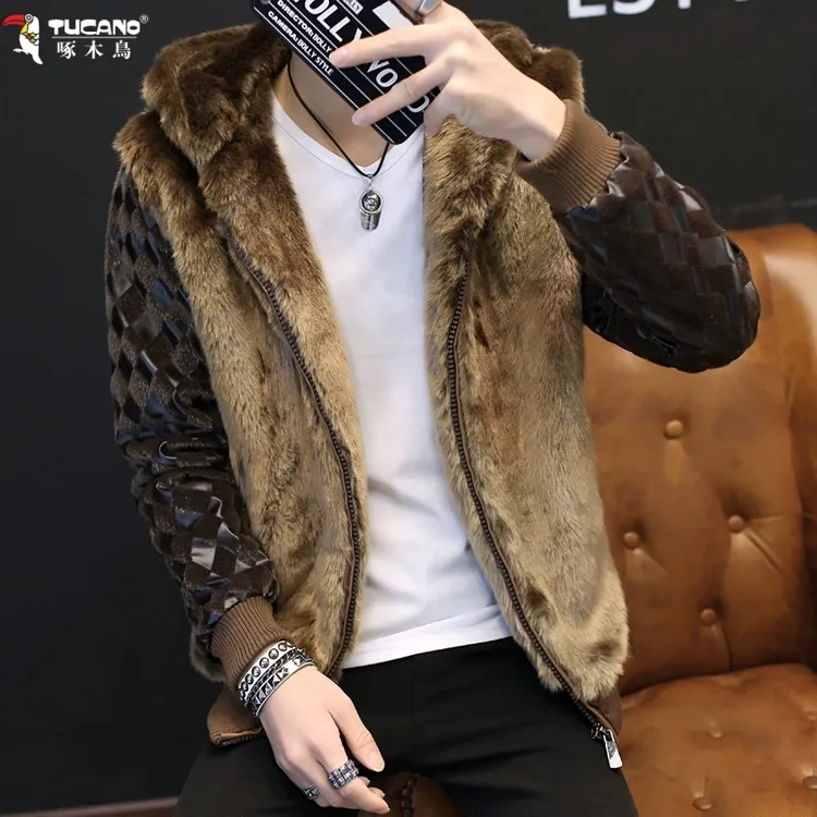 啄木鸟男士个性仿皮草夹克男个性轻奢老钱风皮毛一体水貂绒厚外套