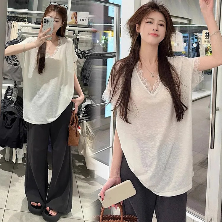时髦孕妇装孕妇拼接短袖T恤女夏中长款宽松减龄V领上衣孕妇面膜裤