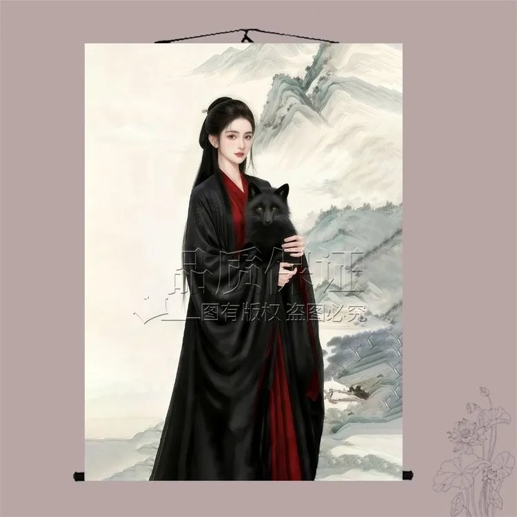 黑色九尾狐卷轴挂画客厅供奉狐狸堂口招财胡家娘娘画像装饰画定制