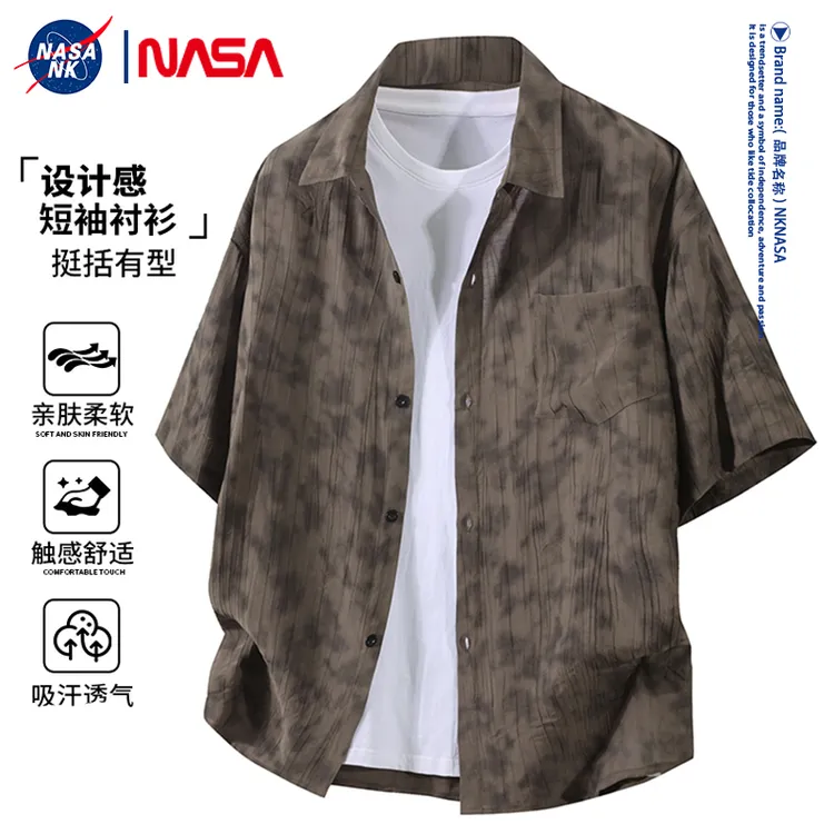 NASA联名脏脏风对襟短袖衬衫男士夏季薄款青少年小众设计感衬衣潮