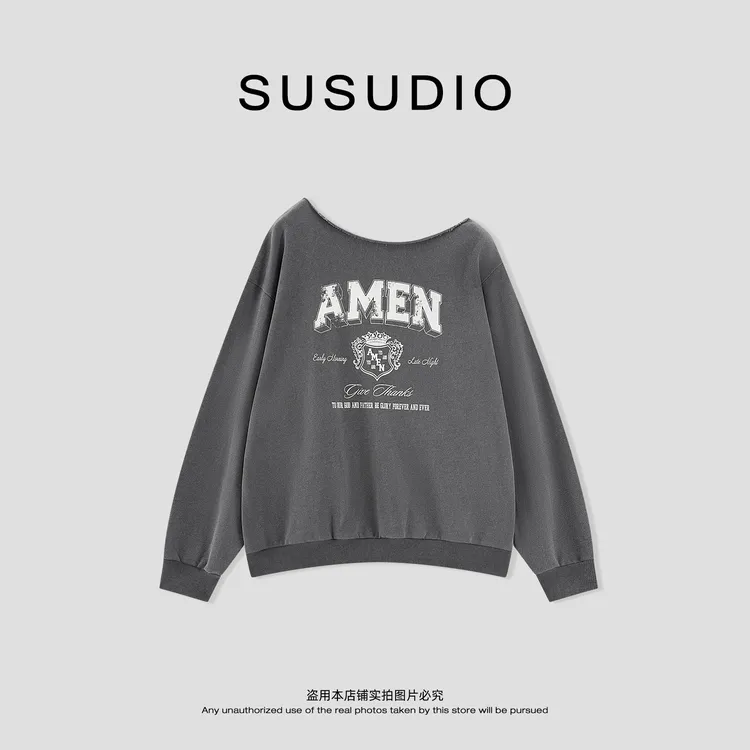 SUSUDIO 100棉 复古做旧印花字母宽松休闲斜肩长袖卫衣 10663