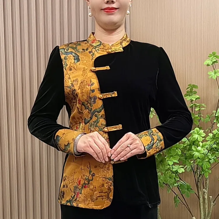 妈妈装秋装高档丝绒衬衫中老年女装秋冬洋气新中式拼色旗袍衫上衣