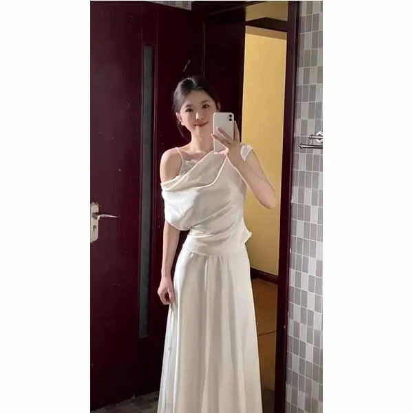 时尚套装缎面斜肩短袖T恤女夏季高腰显瘦半身长裙两件套