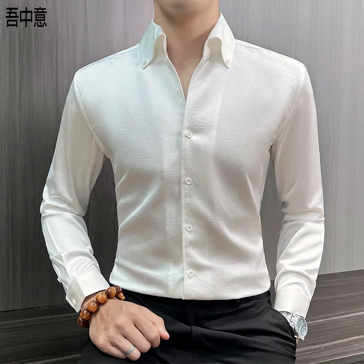 大尖领褶皱v领衬衫男款爆款2025新款春秋商务休闲时尚百搭衬衣男