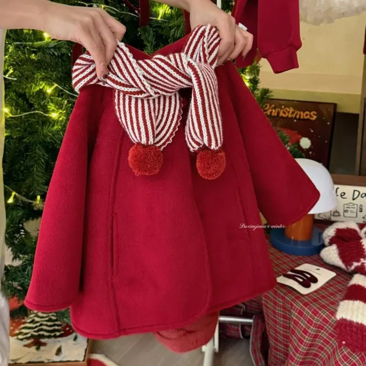 女童红色新年款连帽双面呢大衣中长款加绒加厚保暖毛呢外套冬