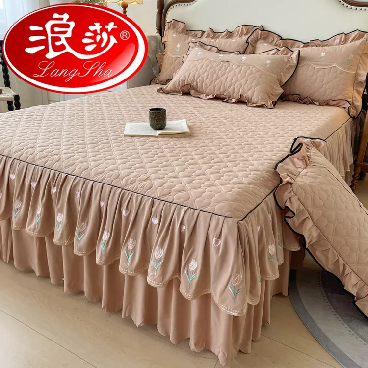 浪莎新款磨毛刺绣床裙单件四季通用床罩带裙边床垫保护套三四件套