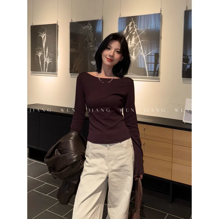 【梅洛打底】交叠一字领气质长袖打底复古简约显瘦设计感高弹T恤