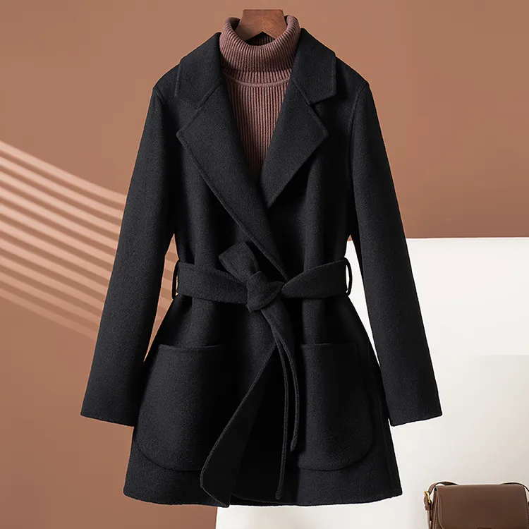 黑色高端双面羊绒大衣女中长款2025新款小个子气质秋冬羊毛呢外套