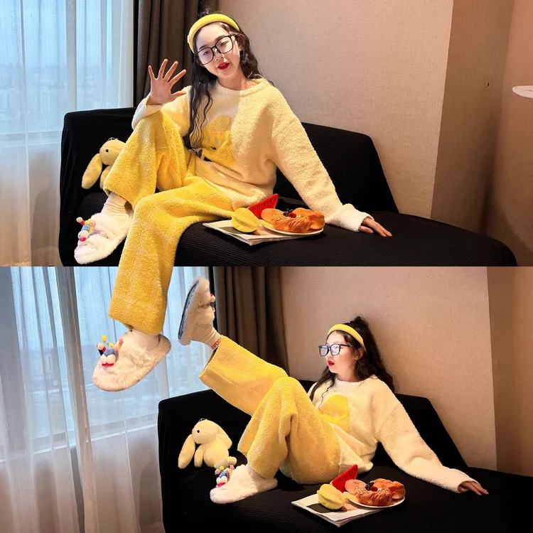韩版儿童绒睡衣2025新款初中生冬装半边绒家居服套装女童居家爆款