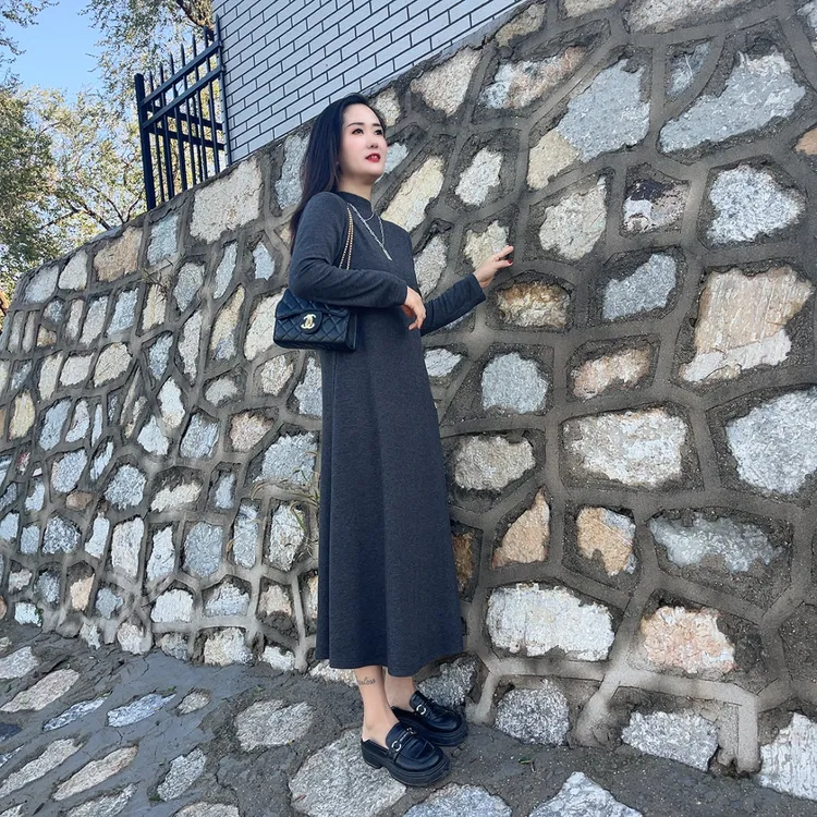 2025春秋新款打底连衣裙时尚宽松显瘦气质中长款长袖连衣裙