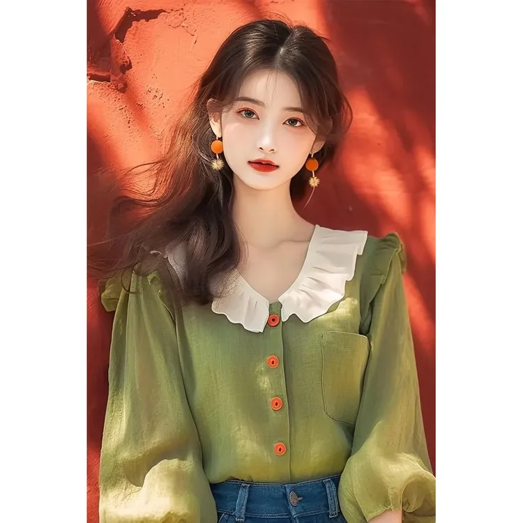 2025早秋新款衬衫小众别致高级感韩系减龄绿色荷叶边长袖上衣