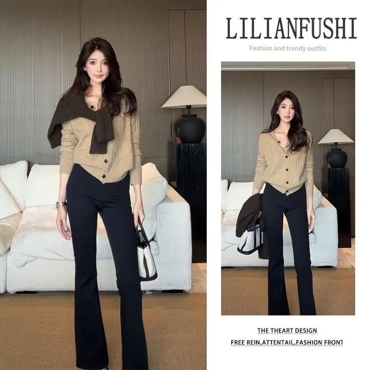 韩系氛围感穿搭秋季2025新款复古港风显示气质毛衣开衫长裤两件套