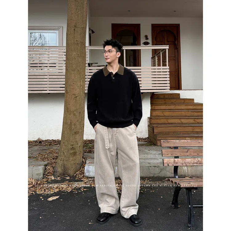 Koube「新贵风 羊毛混纺」秋季复古拼接翻领毛衣男高级感松弛针织衫