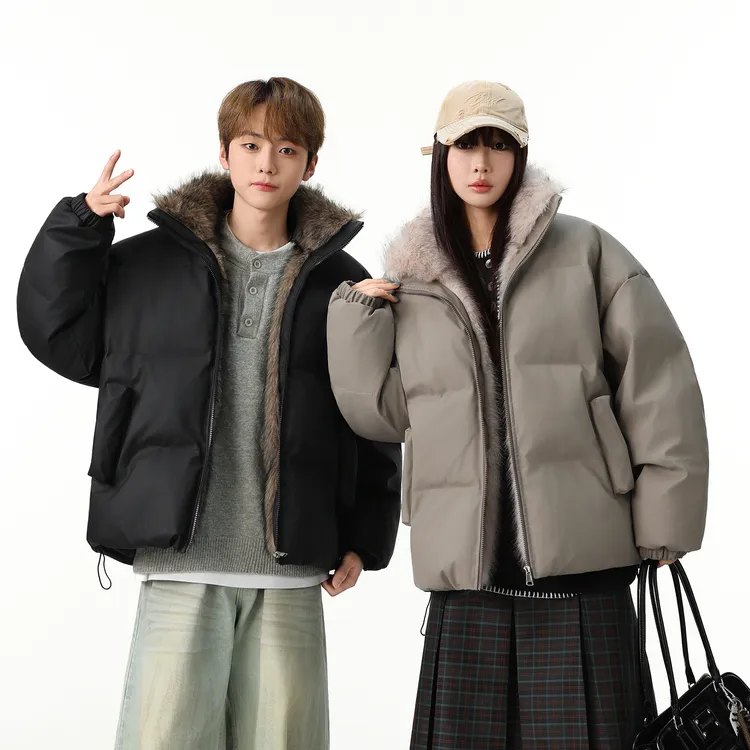 MANRE SHOW冬季磨毛座山雕毛领拼接设计棉服加绒加厚潮流棉衣外套