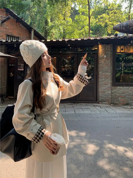 2025秋季中长款风衣长袖收腰女卡其色气质小个子韩版一粒扣外套