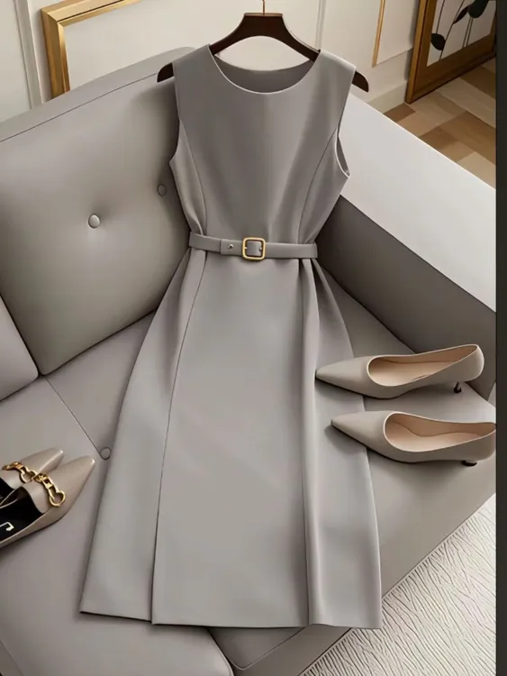 SS1188简单大方小个子超好看灰色无袖连衣裙子女夏新款轻奢高级感