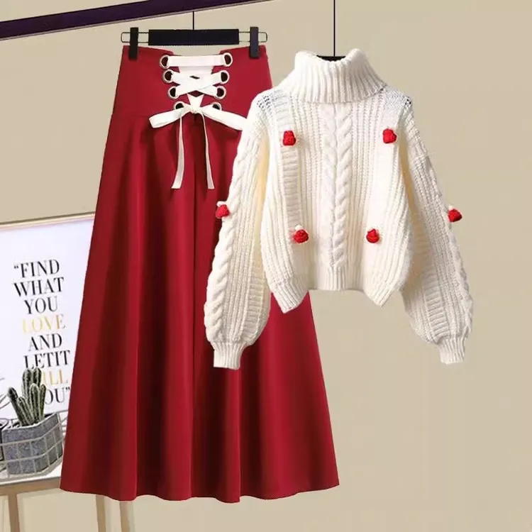 DouPB轻奢秋季时尚穿搭大码女装2024新款韩版半高领毛衣半身裙遮