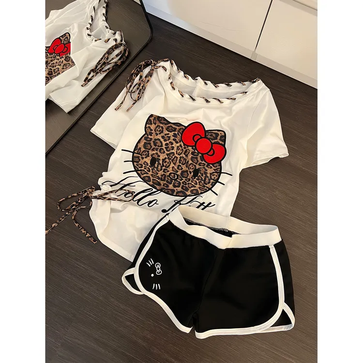 韩系凯蒂猫睡衣女士夏日网红风卡通2025新款短袖短裤家居服套装