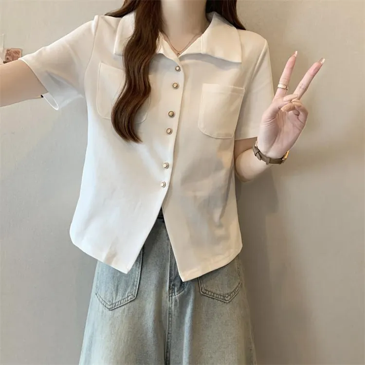 polo领正肩短袖女t恤夏新款大码胖妹妹显瘦宽松设计感小众短款上