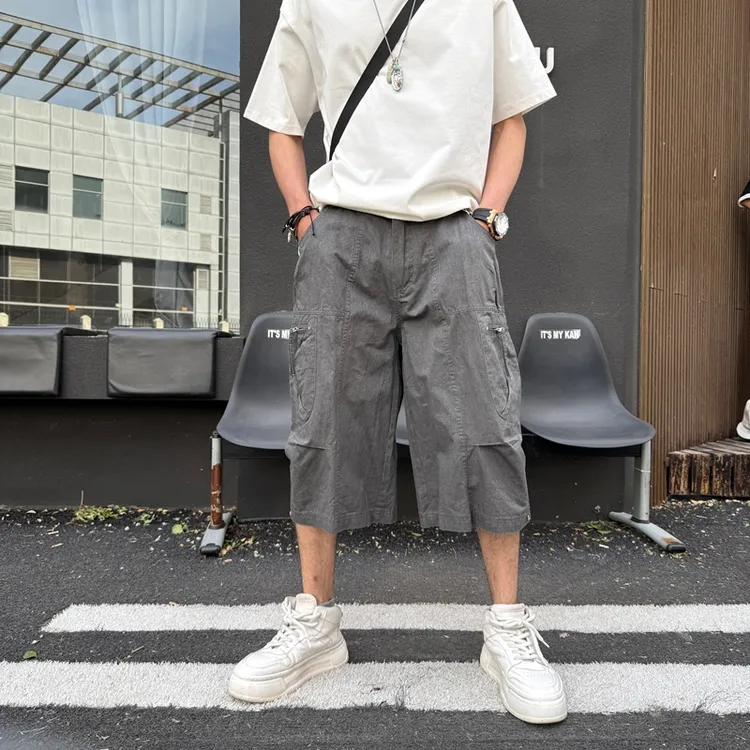 美式复古水洗做旧多口袋工装休闲短裤男宽松阔腿全棉褶皱七分中裤