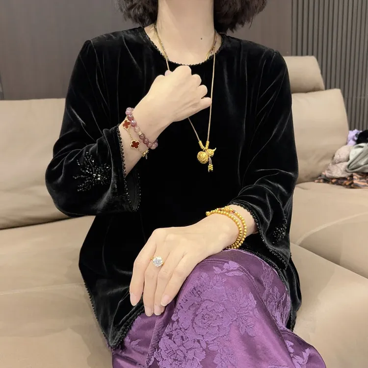 春秋国风套装女高端复古圆领丝绒钉珠长袖衬衫阔腿裤新中式两件套