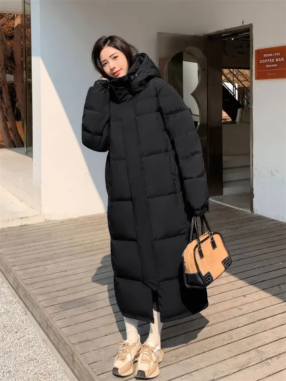 2025年新款冬季羽绒服男女同款黑色超长款到脚踝过膝加厚大码宽松