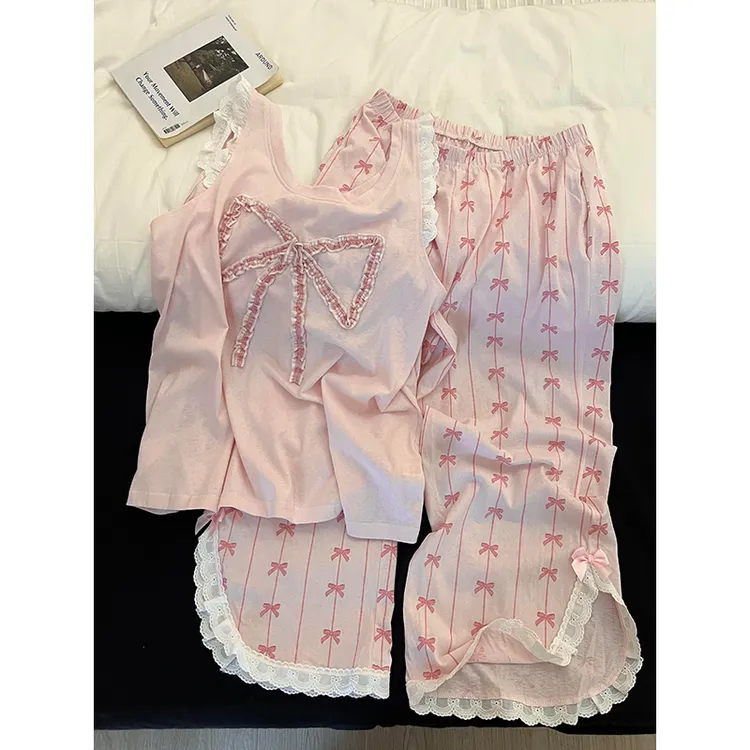 【蝴蝶结蕾丝花边】韩系休闲甜美睡衣女夏季新款背心长裤家居服套装