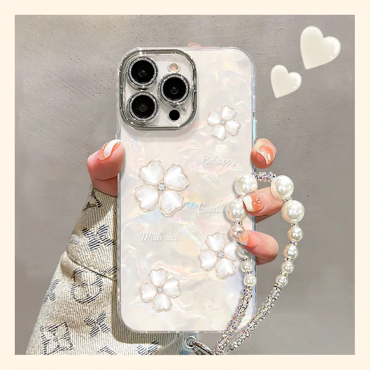 鎏金四叶草适用苹果17vivo华为oppo小米iPhone16精孔贝壳纹手机壳