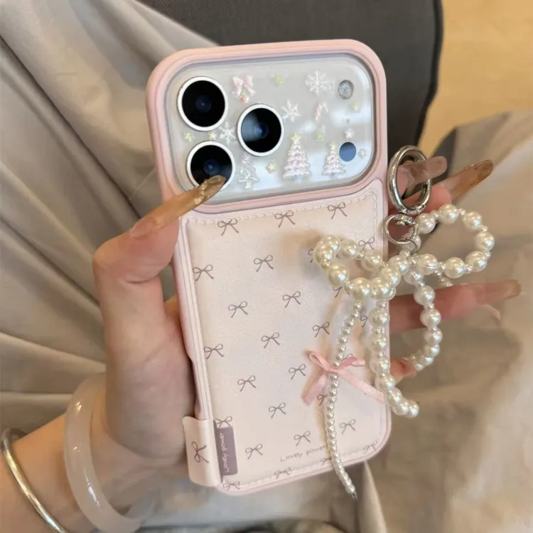 韩系皮纹珍珠蝴蝶结适用于iphone17Promax手机壳16Pro/15/14皮纹