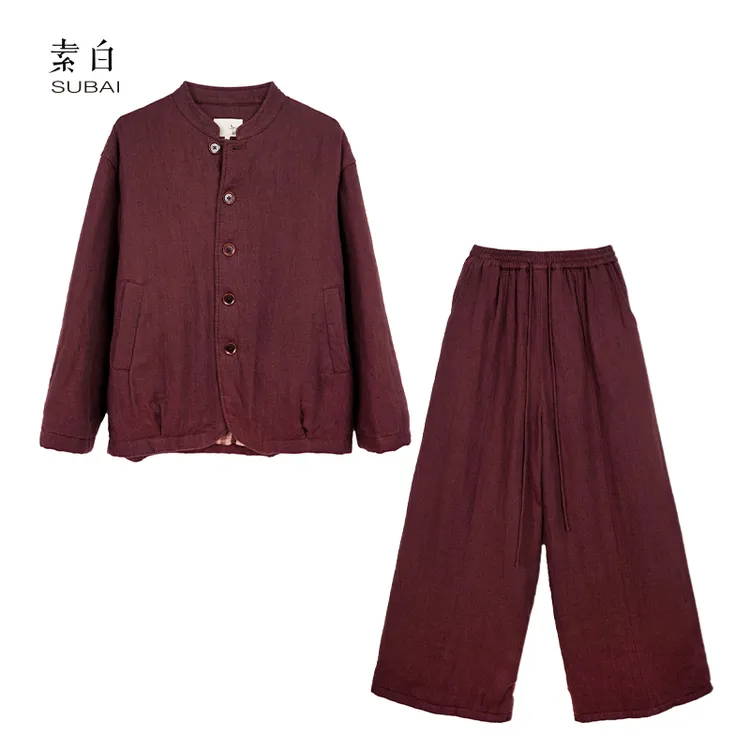 素白复古文艺【安心】F02113立领休闲舒适亚麻加厚保暖棉服套装