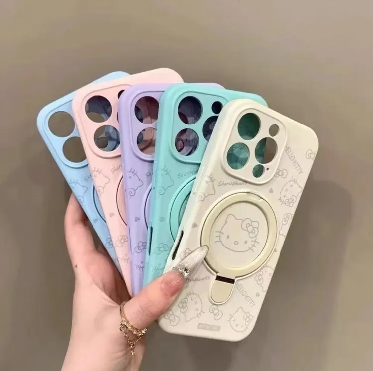 适用苹果16手机壳iPhone15promax液态硅胶KT猫磁吸支架新款14简约