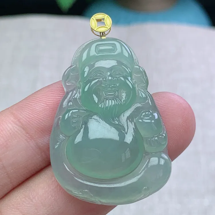 j缅甸天然翡翠A货36.5-26-5.5玉石冰种晴绿财神爷吊坠礼物气质