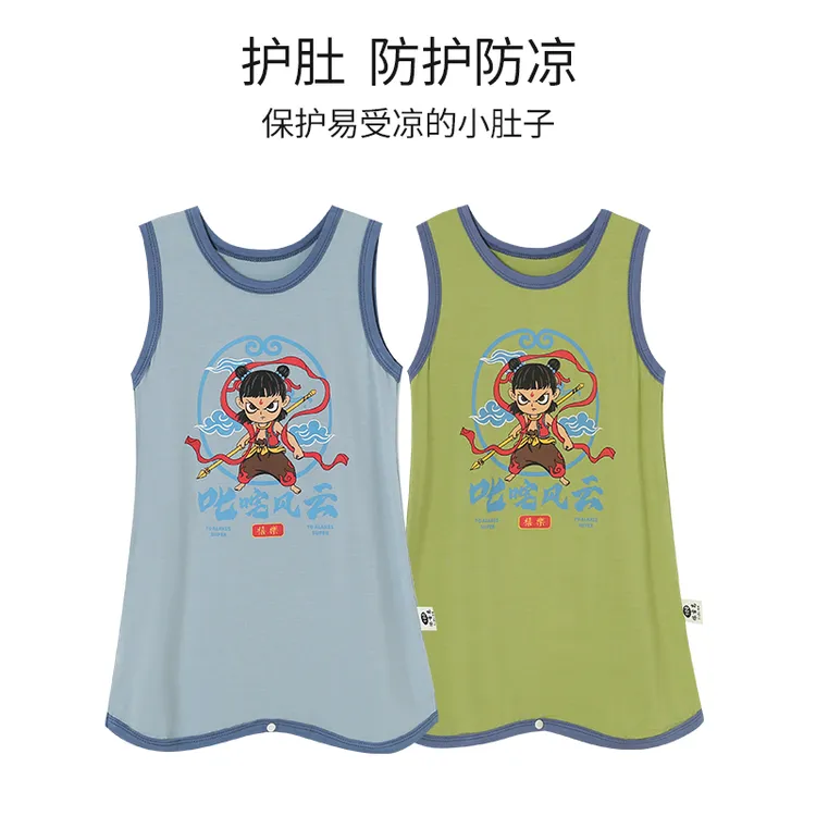 儿童莫代尔连体睡衣夏季男童无袖防踢被睡袋女宝宝空调家居服睡裙