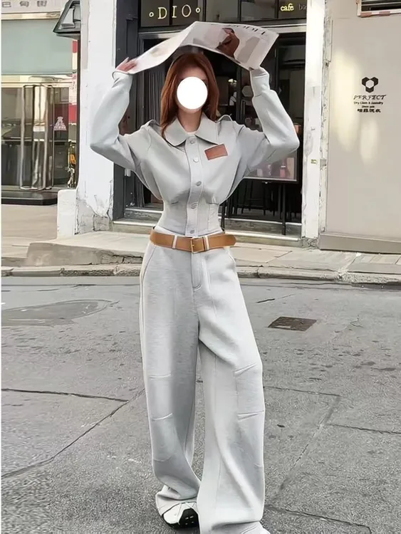 美式复古休闲时尚设计显瘦收腰卫衣长袖宽松弯刀拖地裤套装L1065