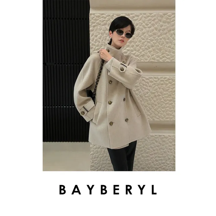 CC12-BAYBERYL老贝卡班*BC钉珠立领藏青插肩秋冬毛呢大衣MF5I0306