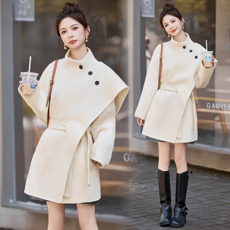 设计感披肩双面羊绒大衣女2025年秋冬新款系带收腰中长款毛呢外套
